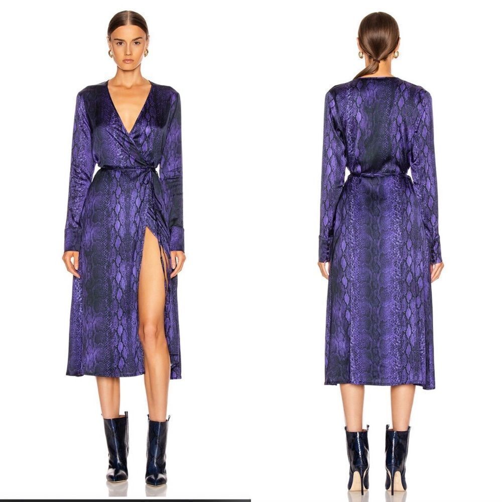 NWT The Andamane Beverly Gorgeous Satin Wrap Midi Dress in Snake Viola size XS
